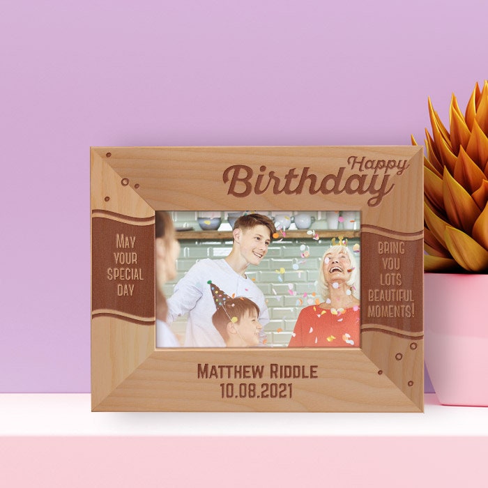 Personalized Birthday Photo Frame, Engraved Picture Custom Gift, Wooden Unique Frame