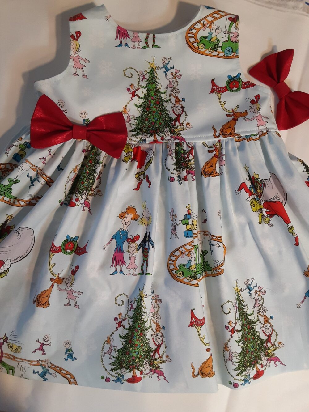 Grinch Christmas Dress Light Blue Holiday Grinch Family Baby Toddler Girl Flutter Orsleeveless 3Mo.to 6Yr Or White