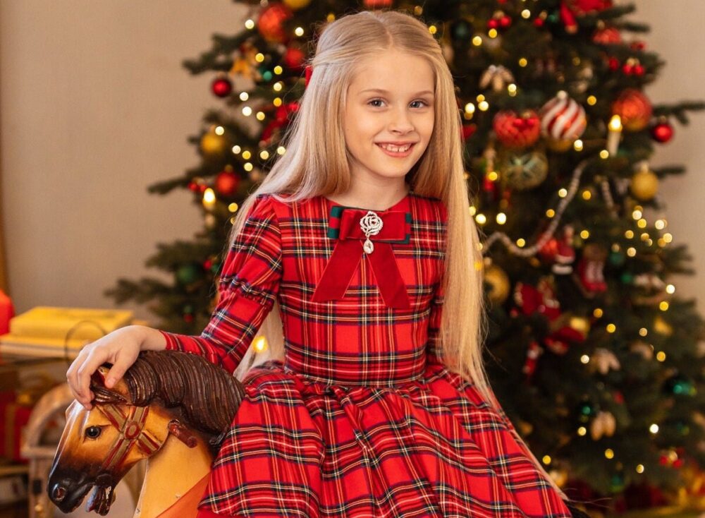 Christmas Tartan Red Green Long Sleeve Cotton Dress | Holiday Toddler Outfit Winter Tutu Skirt For Girls Puffy