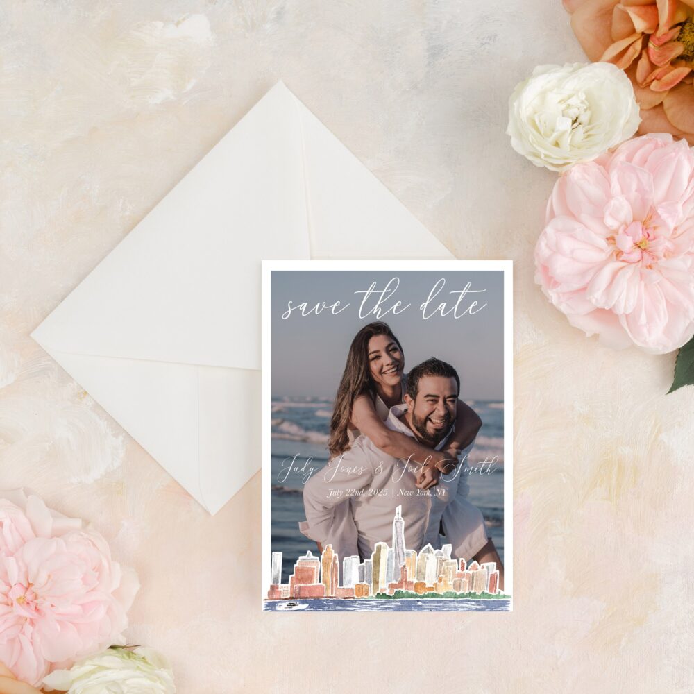 New York Save The Date With Photo, Picture Dates Watercolor, Ny Destination Wedding Nyc Skyline, Custom Printed
