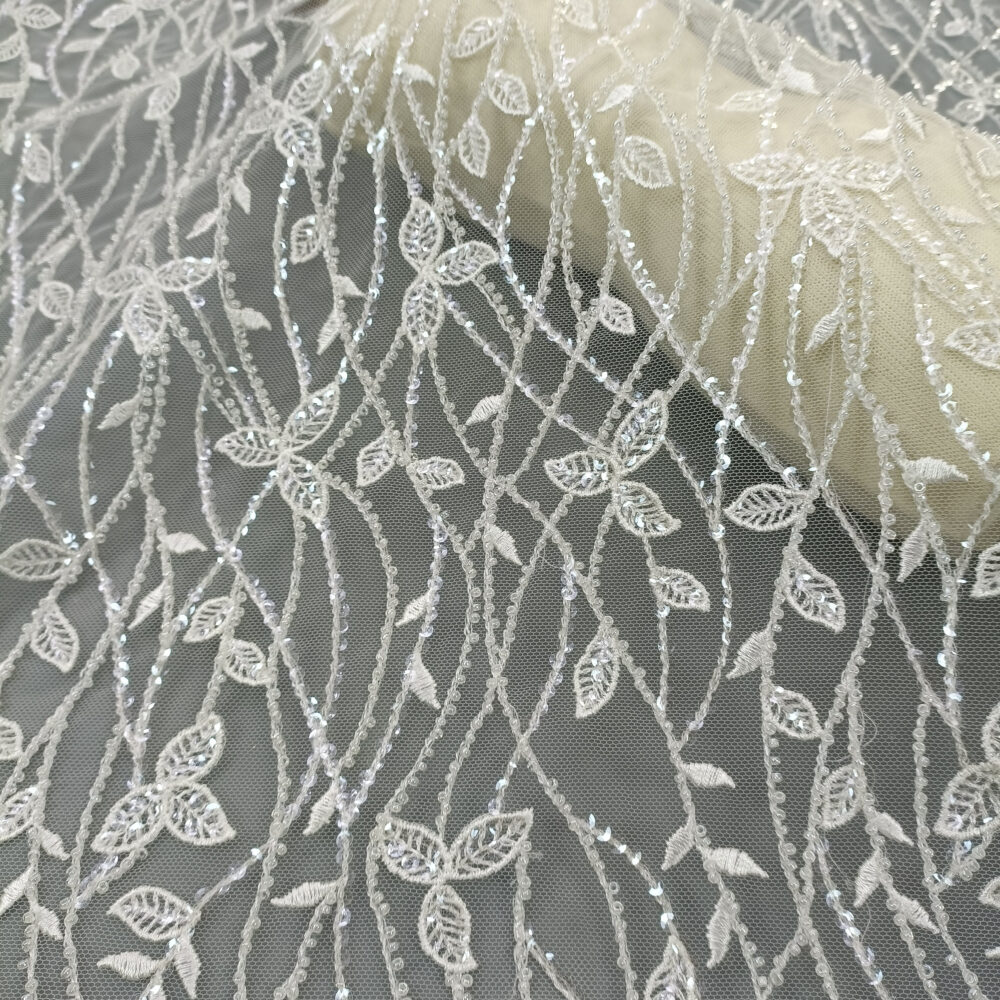Tulle Embroidered Lace Leaf Fabric, Heavy Beaded Bridal Gown Wedding Dress Sequin By The Yard