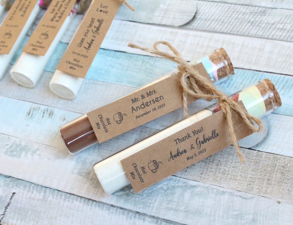 Wedding Hot Chocolate Favors For Guests, Personalized Favors, White Chocolate, Cocoa, Large Glass Tube, Bulk, Party
