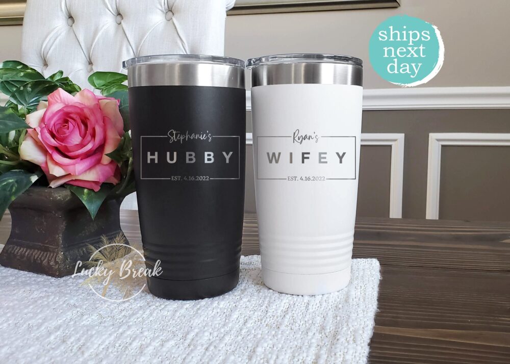 Wifey Hubby Personalized Tumbler Gift Set Bride Groom Name Anniversary Wedding Laser Engraved 20Oz 30Oz Mug