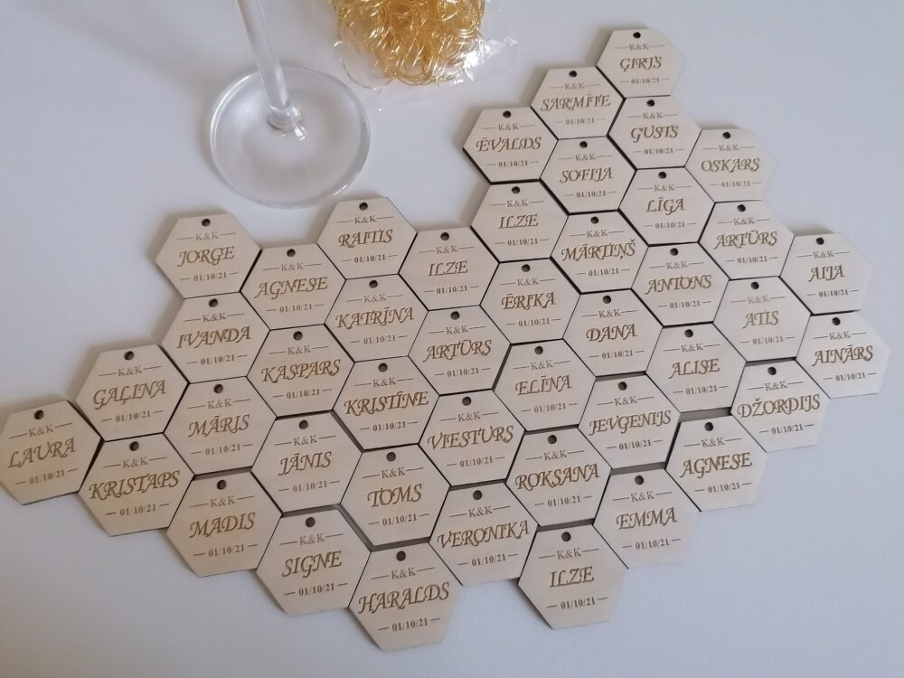 Personalized Wine Charms, Wedding Hexagon Charm, Couple Initials & Date, Guest Names, Wooden Wine Favor