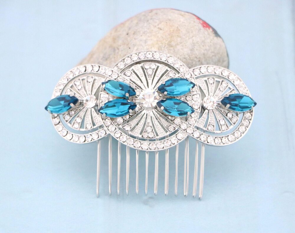 Blue Crystal Bridal Comb Wedding Rose Gold Hair Headpieces Navy Blue Hair Comb Rhinestone