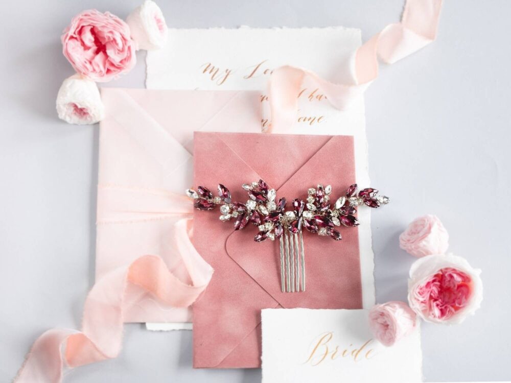Wedding Hair Comb Long With Burgundy Crystal Headpiece For Bride Rhinestones