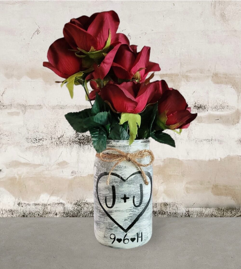 Wedding Decorations, Centerpiece, Mason Jar Featuring A Heart With Your Initials & Date | Optional & Twine Wrap Bow | Also Optional