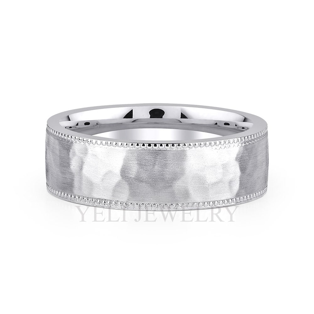 Wide Platinum Wedding Band, Hammered, Milgrain, 6mm, 925 Silver 10K 14K Solid White Gold Men Ring, Comfort Fit, Heavy Engraveable