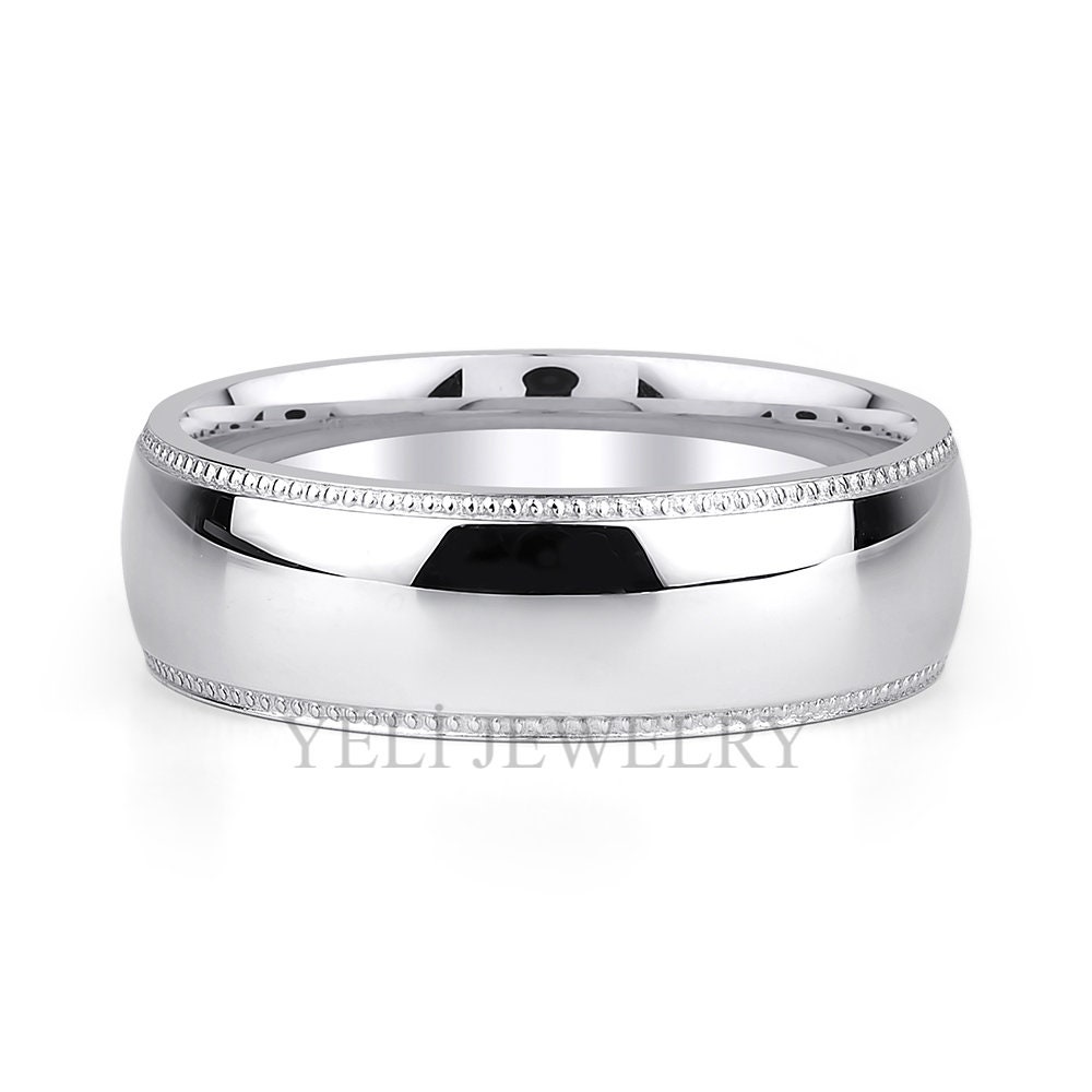 Mens Platinum Wedding Band, Milgrain, Low Domed, Simple Husband Ring, Wide 925 Silver 10K 14K Solid White Gold Band