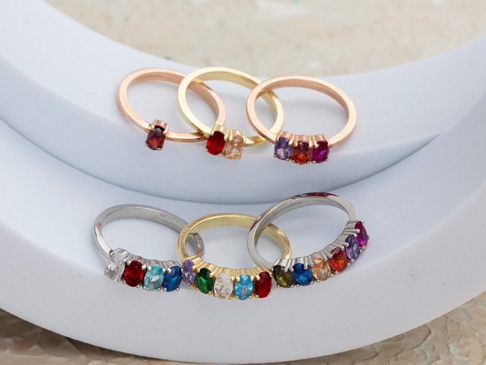 14K Solid Gold Birthstone Ring, Dainty Oval Cut Multi Gemstone Rings, Customize Gift For Her, Family Mom, Mother's Day Gifts
