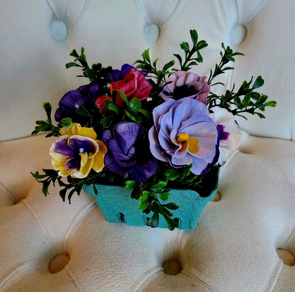 Mother's Day Flowers, Wood Flower Pansies, Pansy Spring Decor, Berry Basket Purple & Yellow Gift