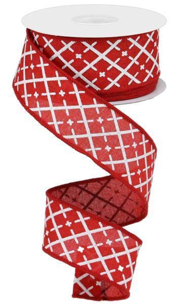 Red With White Glittered Basket Print On Wired Royal Burlap Ribbon Finished in A Matching Edge 1.5x10 Yd Rg0190424
