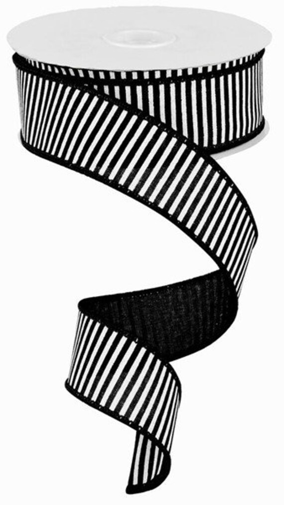 100 Foot Roll Black & White Pin Stripe On Wired Royal Burlap Ribbon Finished in A Matching Edge 1.5x100 Foot Roll Rg378002