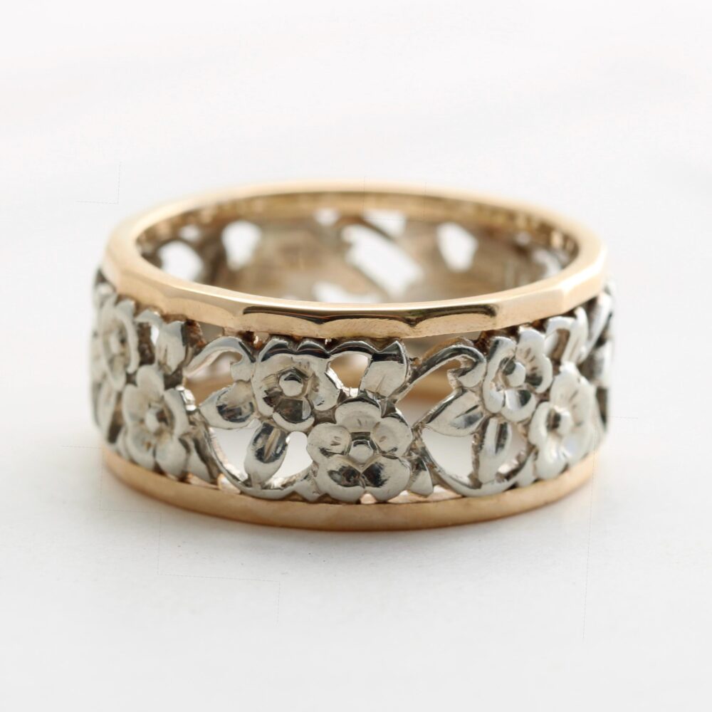 Wide Vintage Two Tone Gold Flower Pattern Band