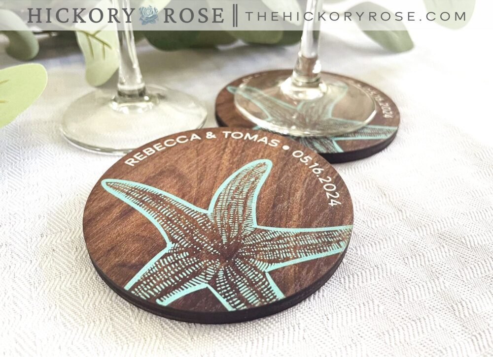 Beach Wedding Favors, Decor, Custom Wood Coasters, Laser Cut Customized Keepsakes