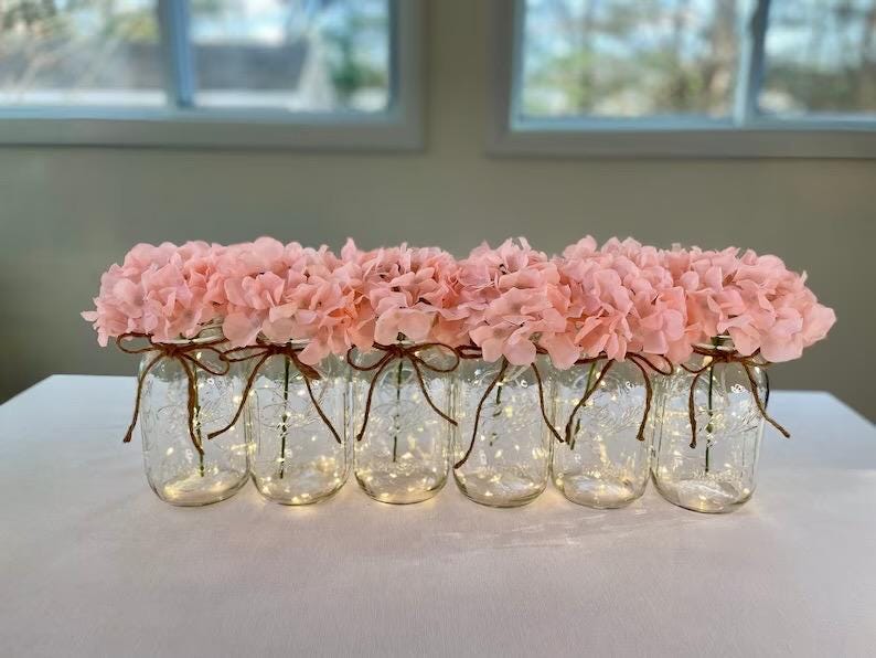 Set Of 6 Fairy Light Mason Jars, Wedding Table Centerpieces, Pink Hydrangeas, Party Centerpiece, Rustic Home Decor