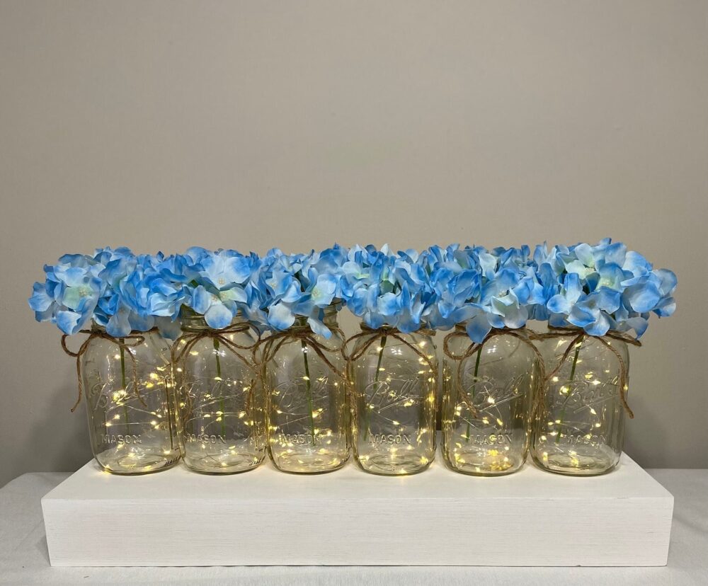 Set Of 6 Fairy Light Mason Jars, Wedding Table Decoration, Blue Hydrangeas, Rustic Decor, Lighted Quart Jars