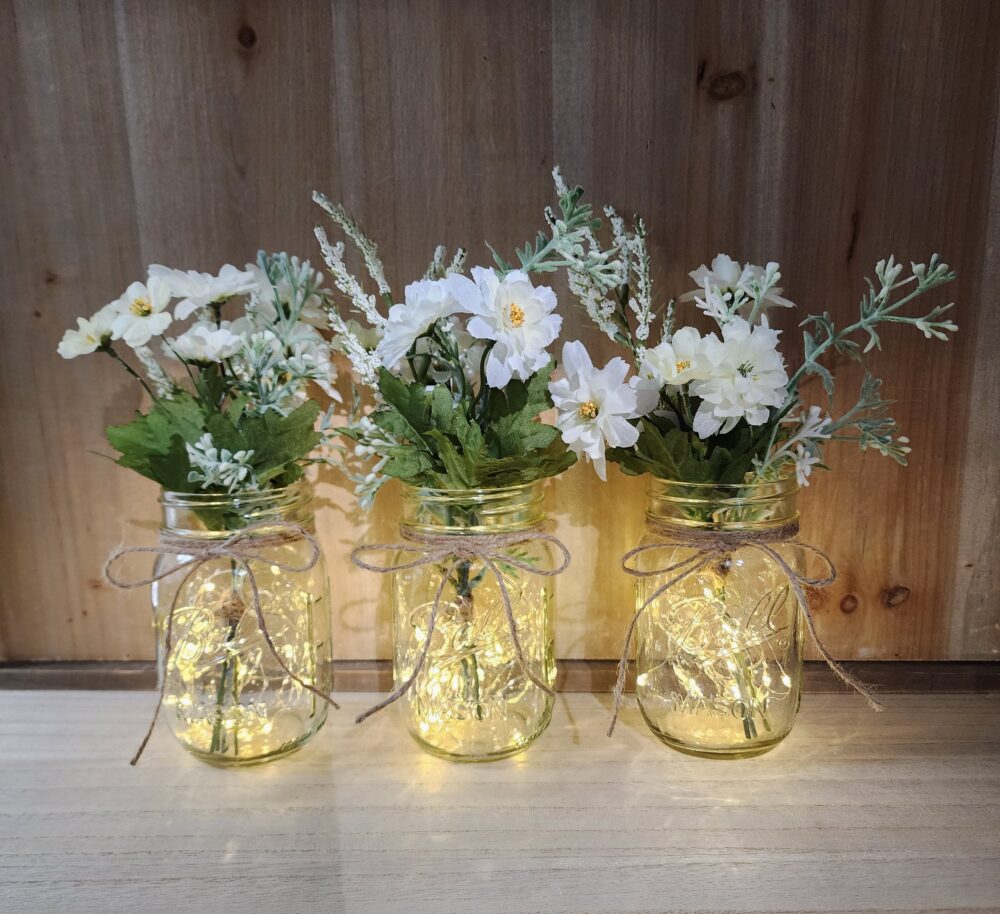 Lighted Mason Jar Centerpiece, Wedding Table Jars With Lights, Decor, Farmhouse