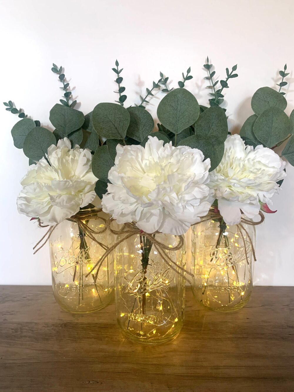 Lighted Mason Jar Wedding Centerpieces, White Floral Table Centerpiece Bridal Shower