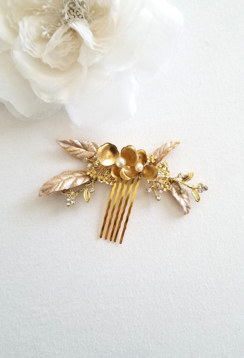 Gold Wedding Hair Comb With Polymer Clay Leaves, Freshwater Pearl Floral Bridal Comb, Leaf Crystal