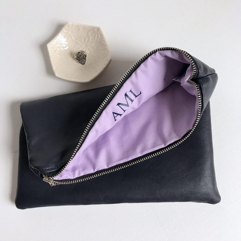 Personalized Black Square Fold Over Zipper Bag. Customizable Monogrammed Clutch For Bridal Bridesmaid Or Bachelorette Party Gifts