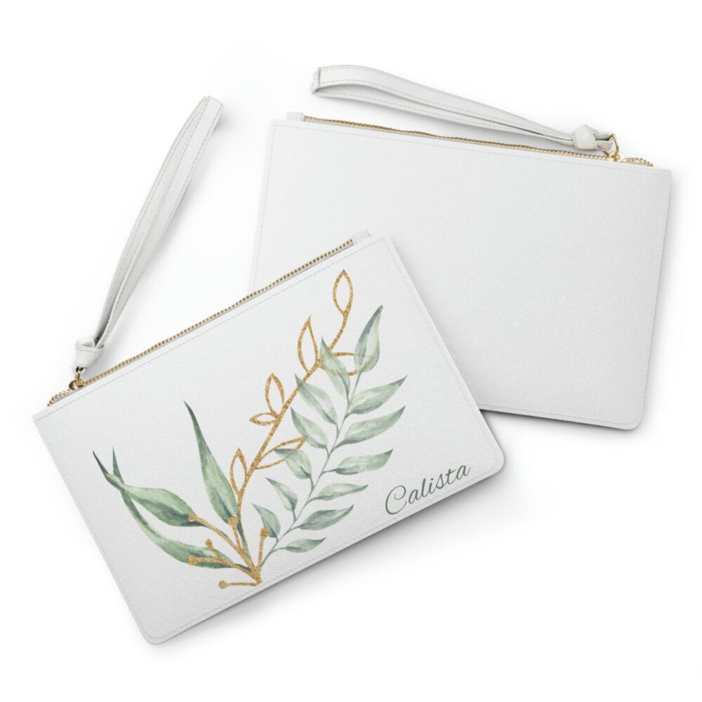 Wedding Bridal Clutch Sage Gold Personalized Bag Accessory For Party Makeup Gift Boho Garden Themed Fall Bride
