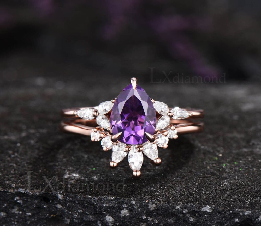 Amethyst Ring Pear Shaped Engagement Set February Birthstone 925 Sterling Silver Dainty Crown Wedding For Women