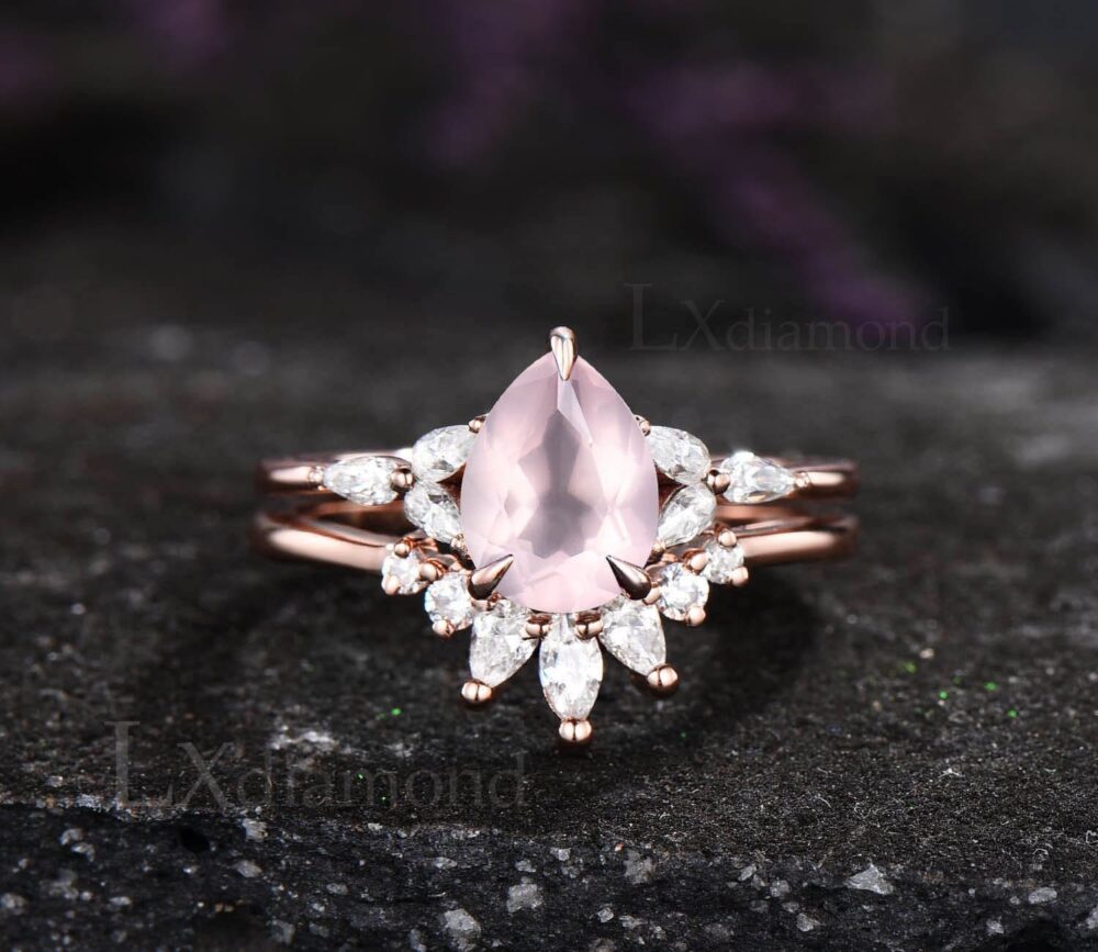 Rose Quartz Ring Pear Shaped Rose Engagement Set 925 Sterling Silver Simulated Diamond Dainty Crown Wedding For Women