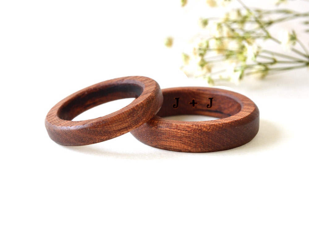 Mahogany Wood Rings, Wood Ring Engraved, Wedding Set, His & Her Couples Ring, 5-Year Anniversary