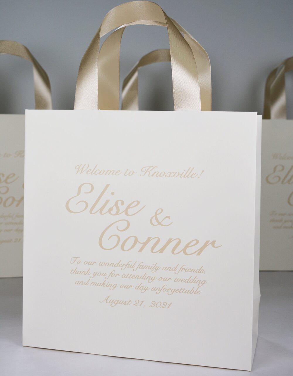 25 Ivory & Champagne Wedding Welcome Bags With Satin Ribbon Handles & Your Names, Elegant Personalized Gifts Favors For Guests