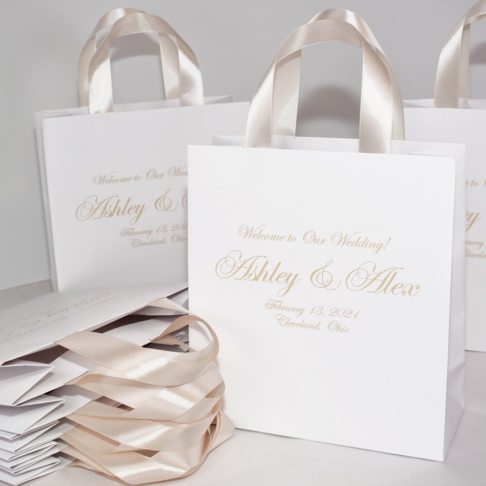 30 Wedding Welcome Bags With Champagne Satin Ribbon Handles & Names, Elegant Personalized Gifts Favors For Wedding Guests