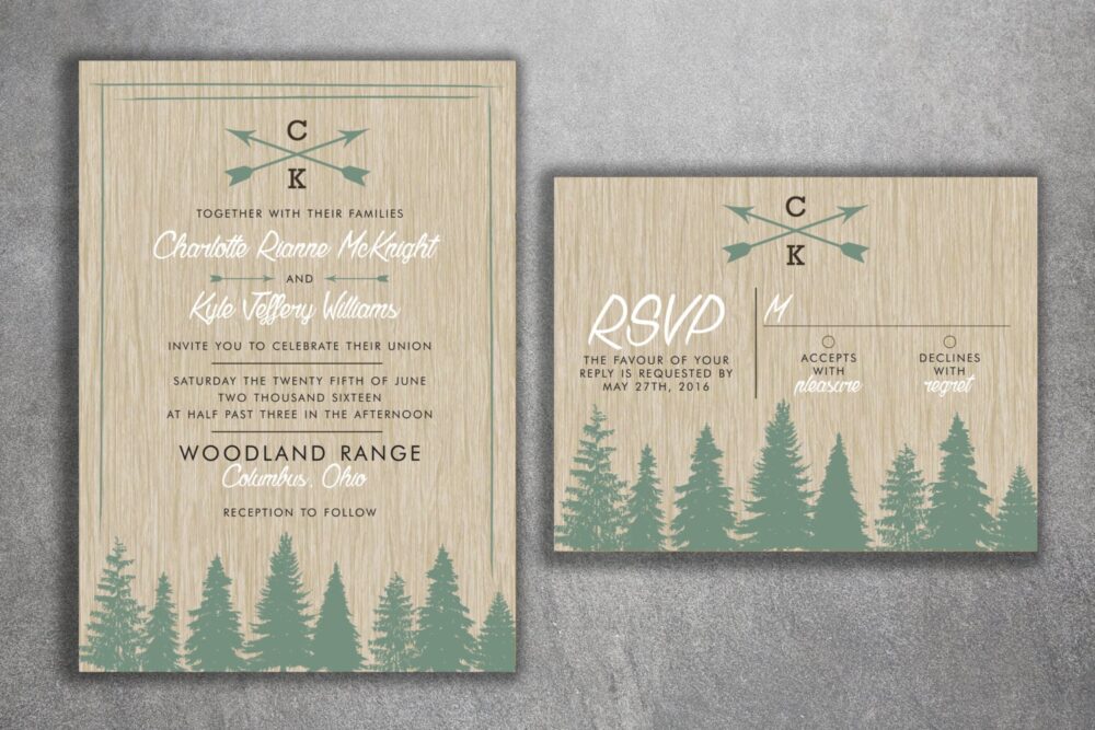 Woods Rustic Tree Wedding Invitation Set Printed, Country Invitations, Woods, Outdoors, Affordable, Pine Trees