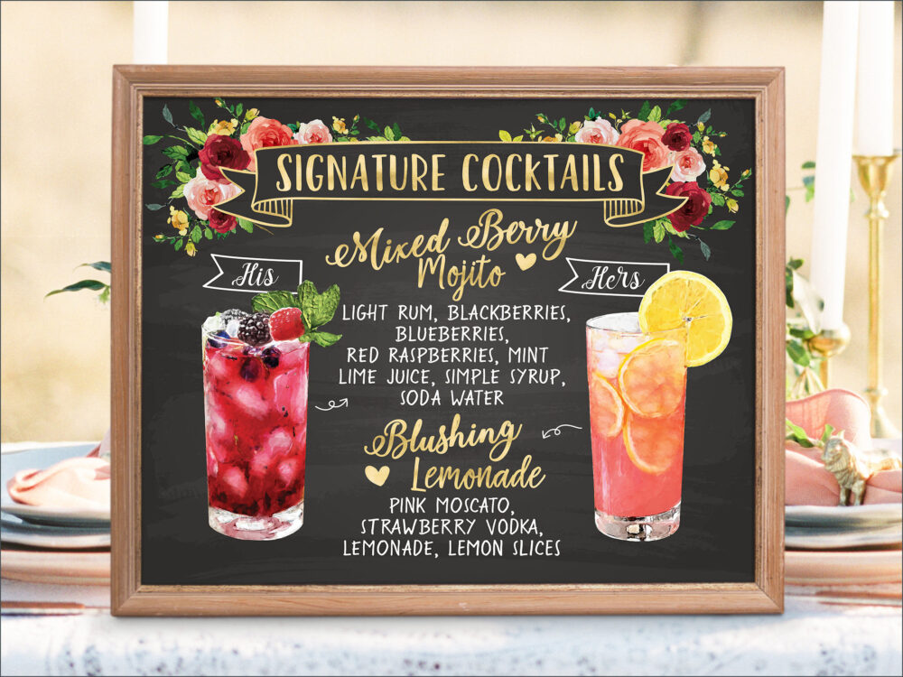 Digital Printable Wedding Bar Menu Sign, Botanical Signature Drinks Cocktails Signs, Watercolor Chalkboard Christmas New Year Idm21