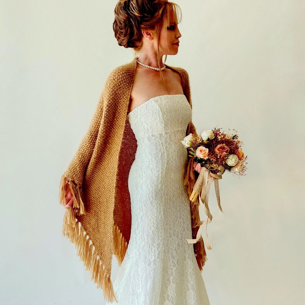 Wedding Shawl, Bridal Cover Up, Warm Winter Wrap, Camel Bridesmaid Gift, Fringed Wool, Mohair Evening Stole, Triangular Fast Shipping