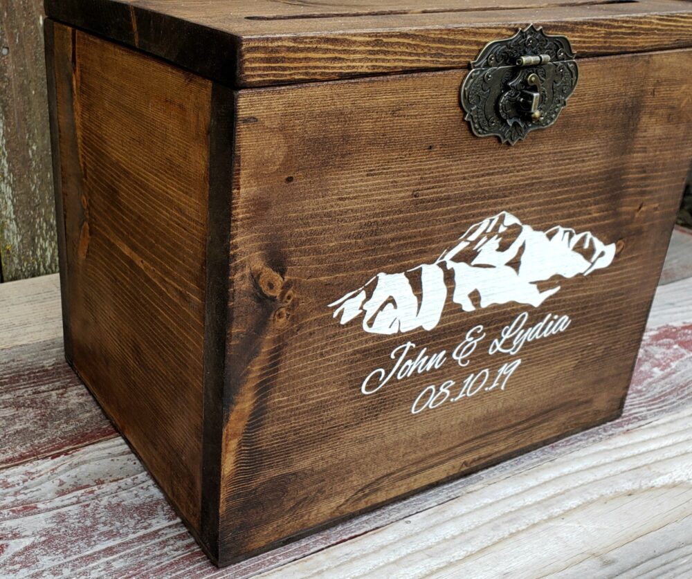 Wedding Card Box - With Slit & Lock Option- Engraved Wood Personalized Front Holds Cards Rustic