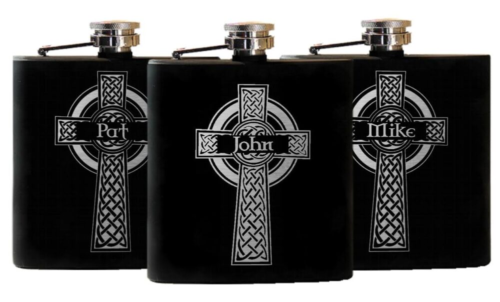 5 Celtic Cross Flasks, Personalized Groomsmen Gift, Custom Engraved Irish Wedding, Black Stainless Hip Flask - Flasks