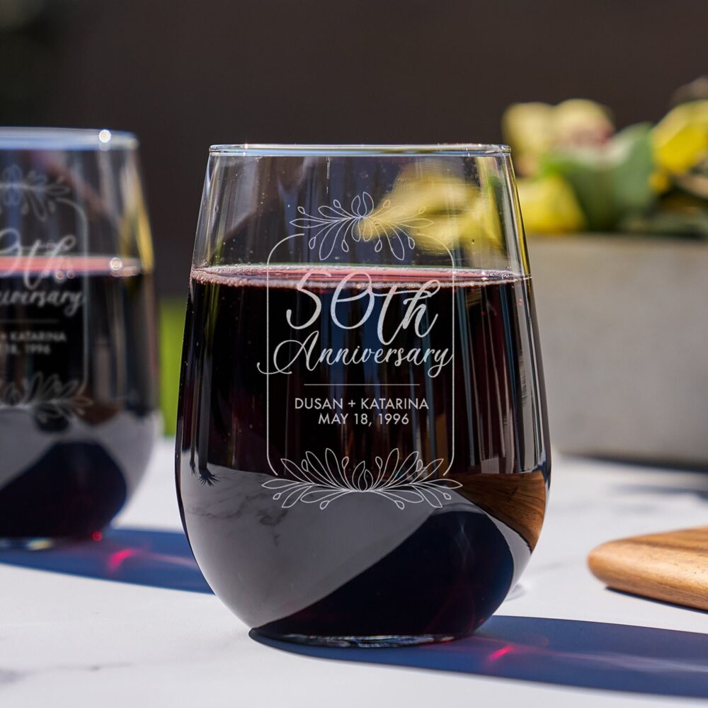 50 Year Wedding Anniversary Wine Glasses - Personalized Etched Glassware For Couples, Gifts, Design A1