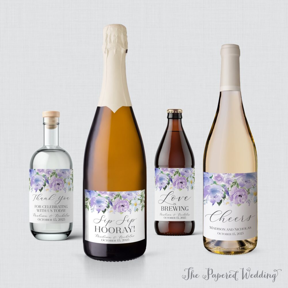 Printed Purple Floral Wedding Wine Bottle Labels - Flower Wine, Champagne, Liquor, Or Beer Favor 0070