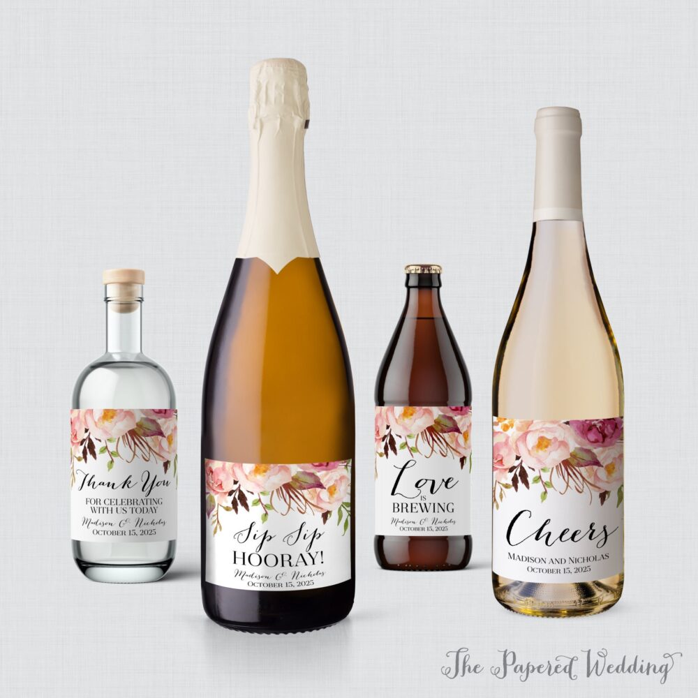 Printed Pink Floral Wedding Wine Bottle Labels - Rustic Flower Wine, Champagne, Liquor, Or Beer Favor 0004