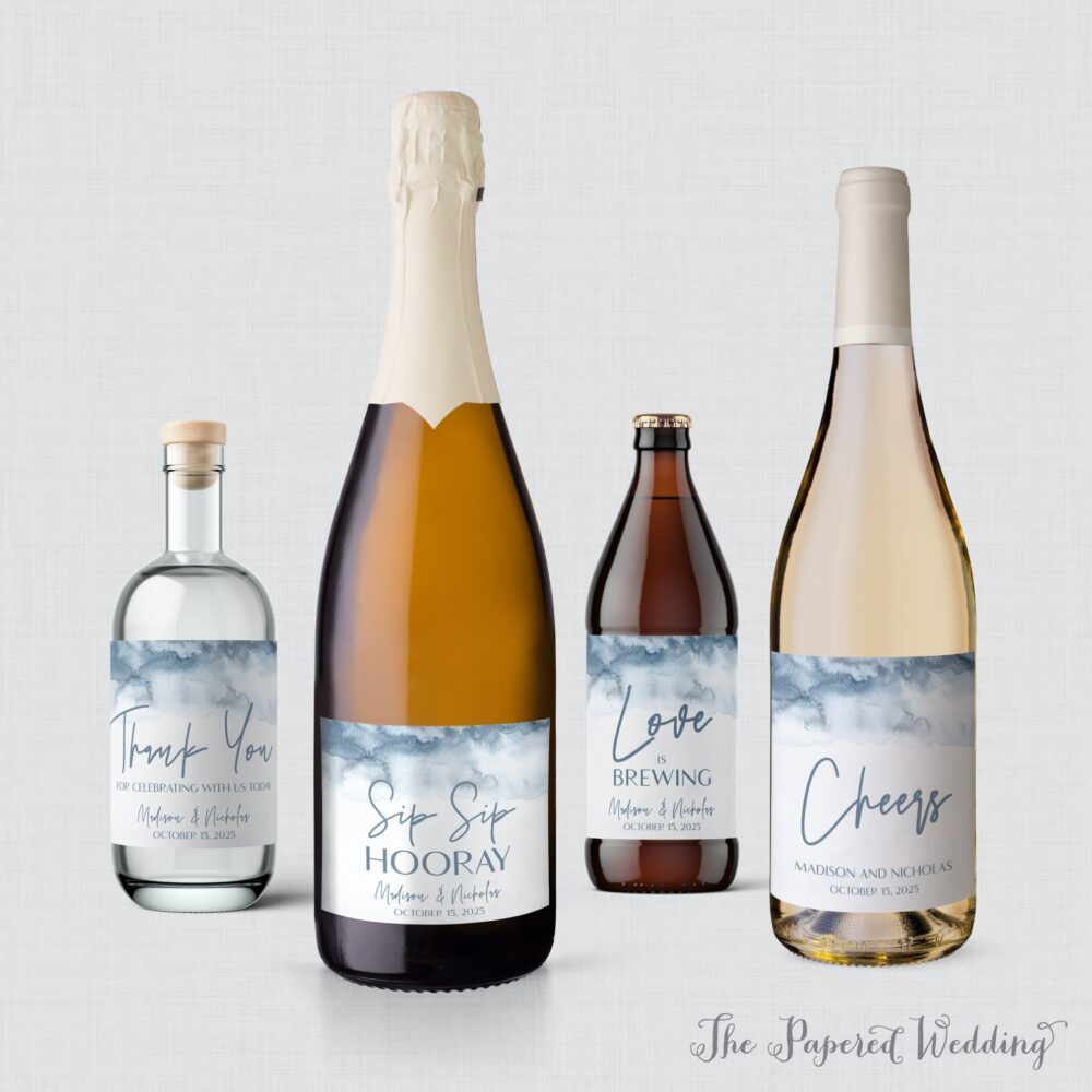 Printed Dusty Blue Watercolor Wedding Wine Bottle Labels - Wine, Champagne, Liquor, Or Beer Favor 0054