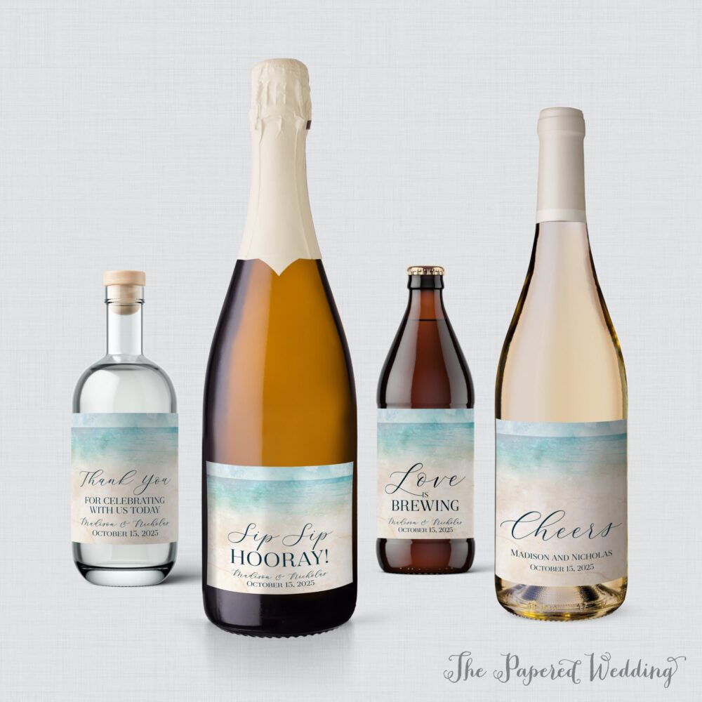 Printed Beach Wedding Wine Bottle Labels - Tropical Wine, Champagne, Liquor, Or Beer Favor Hawaiian Ocean Sand 0035