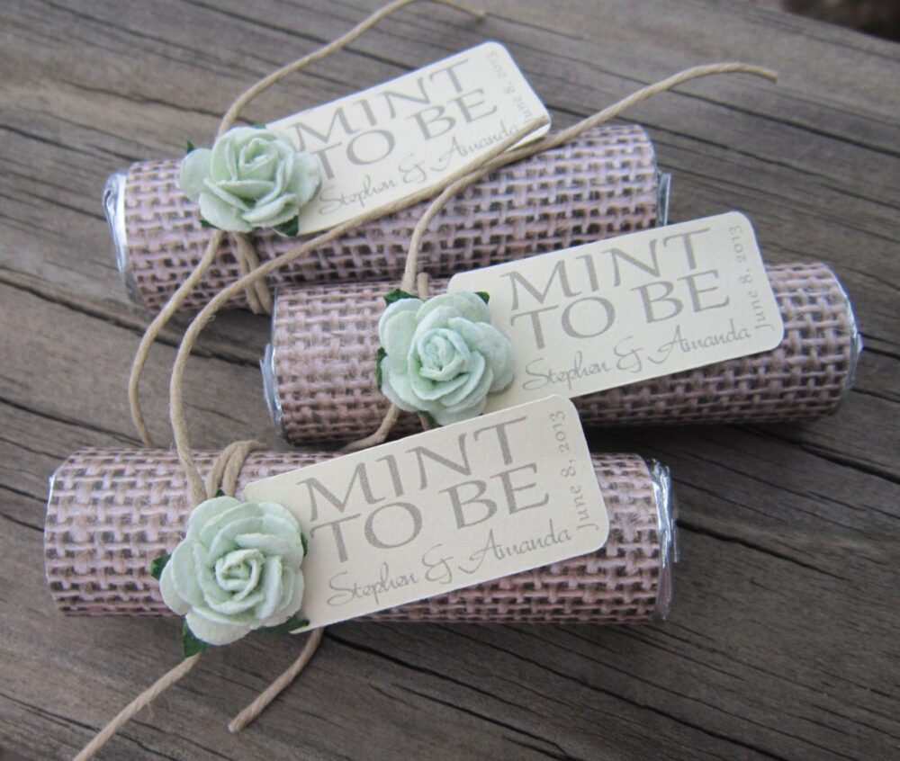 Mint Wedding Favors - Set Of 24 Mint Rolls "Mint To Be" Favors With Personalized Tag Burlap, Green, Mint, Rustic, Shabby Chic