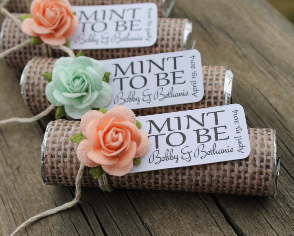 Mint Wedding Favors - Set Of 24 Mint Rolls "Mint To Be" With Personalized Tag Burlap, & Peach, Rustic, Shabby Chic