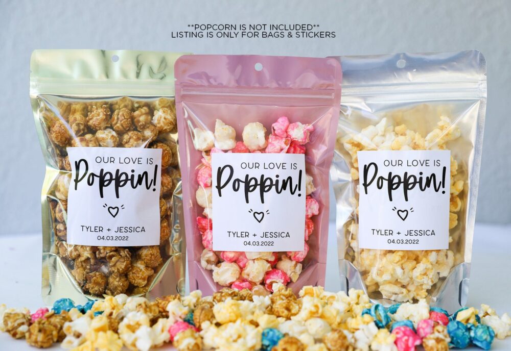 Wedding Favor Popcorn Bags & Stickers, Our Love Is Poppin Bags, Bulk Favors For Guests, Bridal Shower