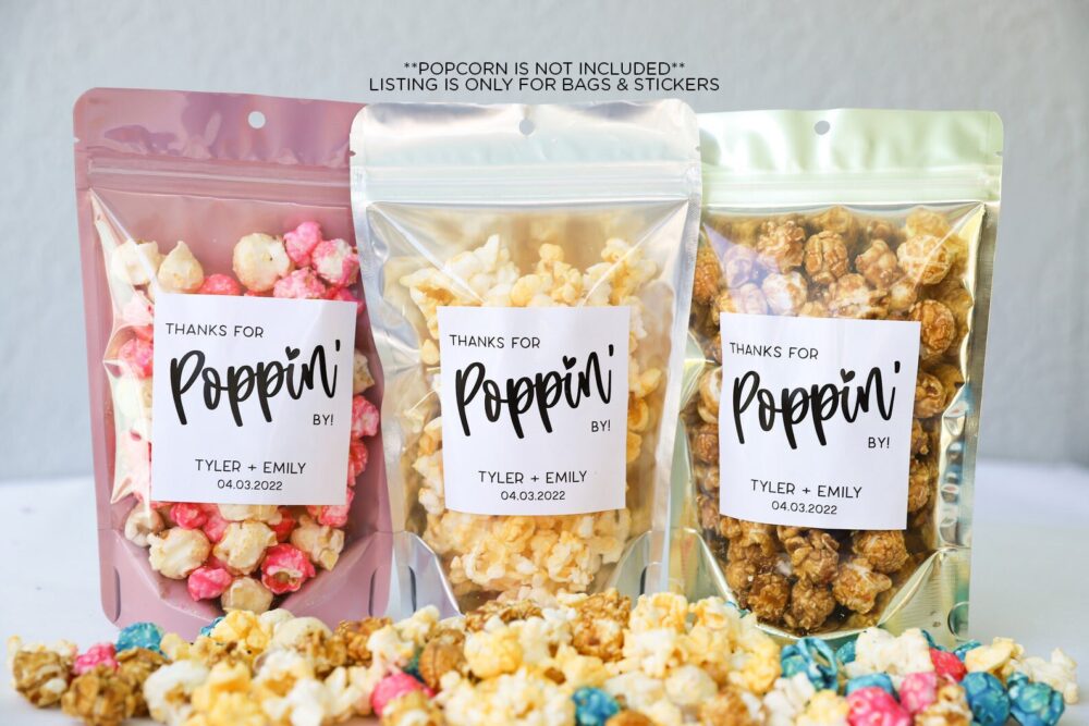 Wedding Favor Popcorn Bags & Stickers, Thanks For Poppin By, Bridal Shower Favors, Favors Guests