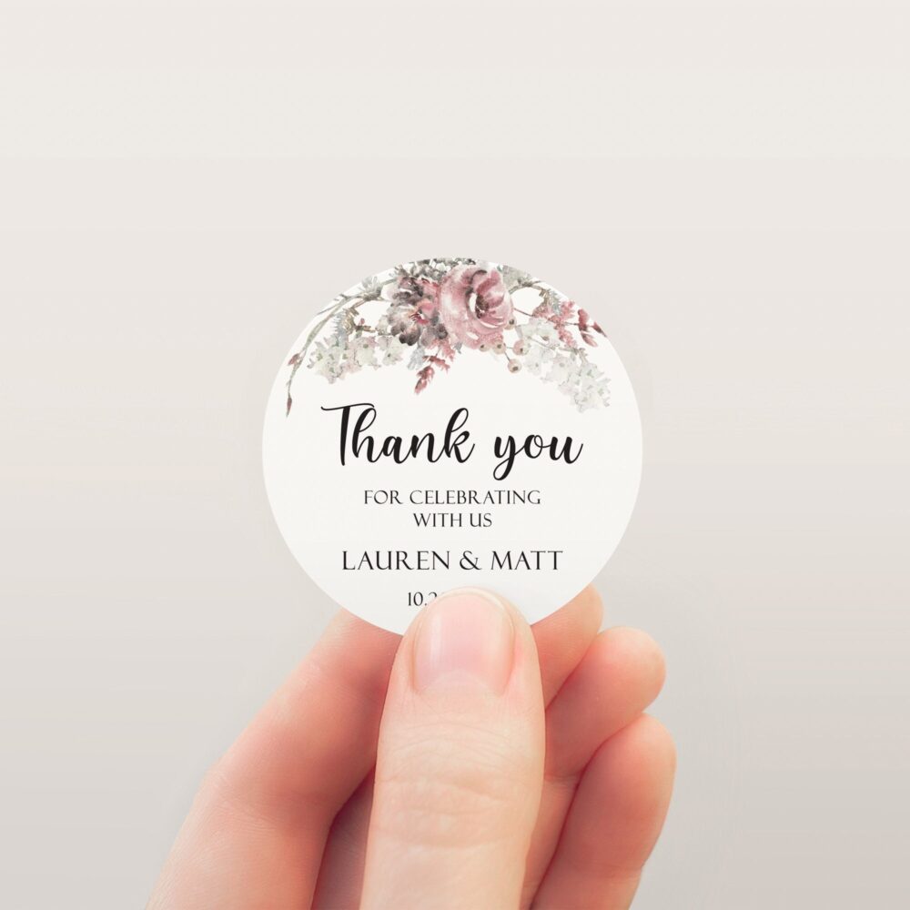 Custom Wedding Favor Sticker, Blushed Rose Watercolor Label, Bridal Shower Thank You Pink Style, Vintage Circle Floral Label