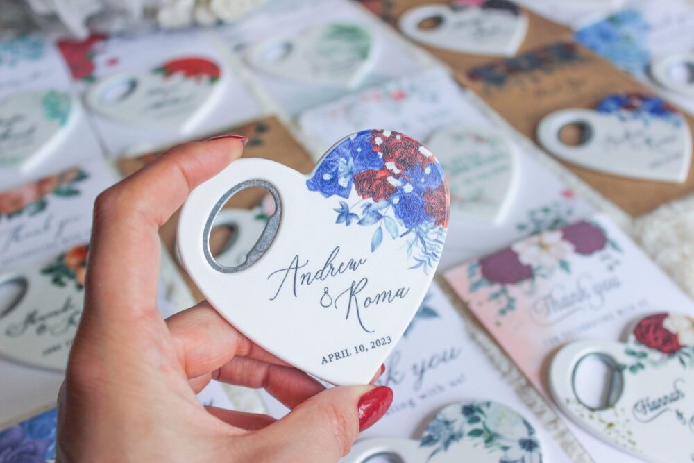 Customizable Blue Floral Wedding Favor Bottle Opener - Personalized Gift For Guests