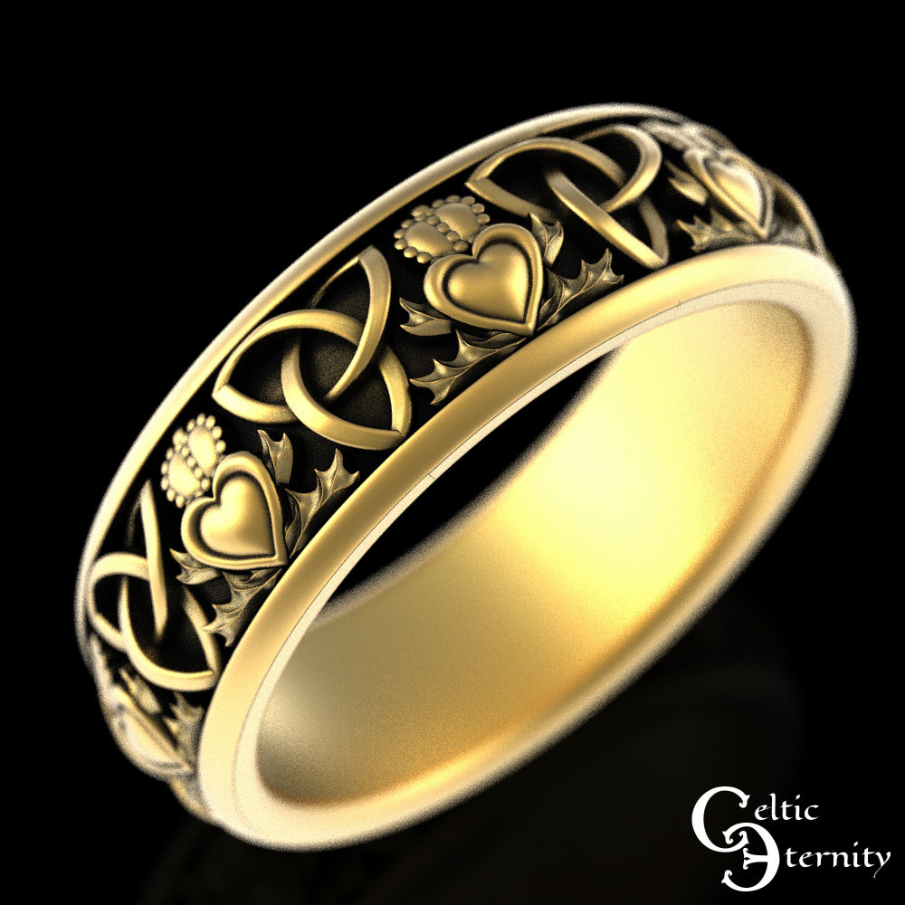 10K Gold Celtic Trinity Wedding Band, 14K Irish Heart Ring, Traditional Knotwork 18K Claddagh 3074