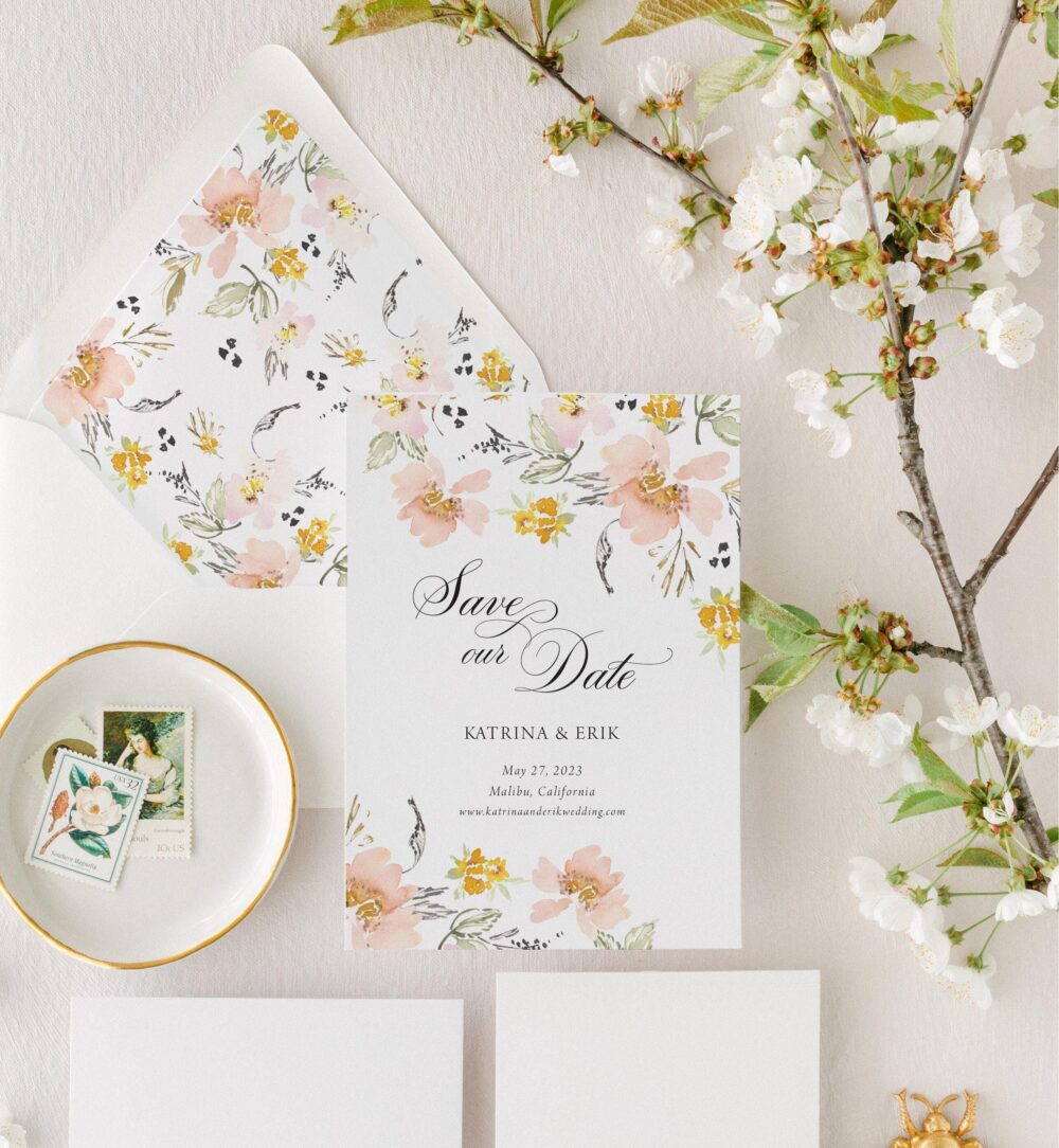 Katrina | Elegant Floral Wedding Save The Date - Peach Muted Pastel, Printed Card Wedding, Watercolor
