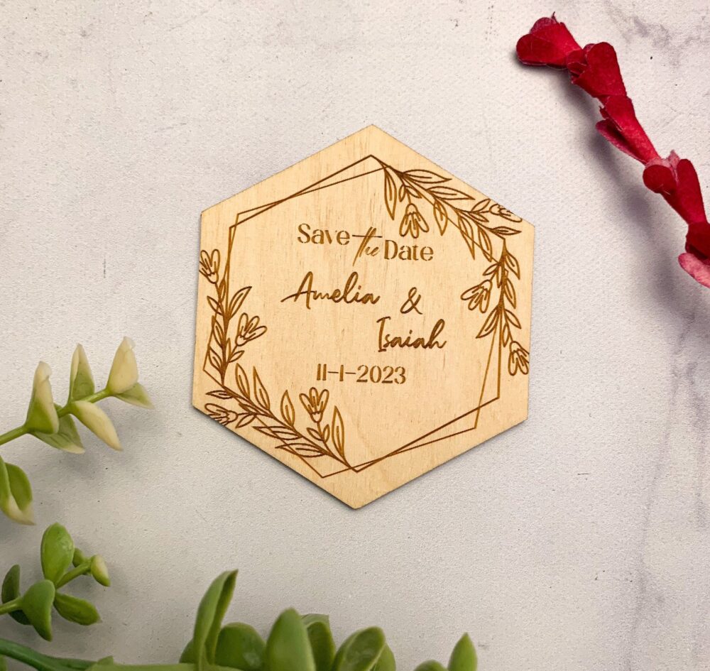 Hexagon Simple Floral Engraved Save The Date Wedding Magnet, Alternative Invite, Wooden Part Invite